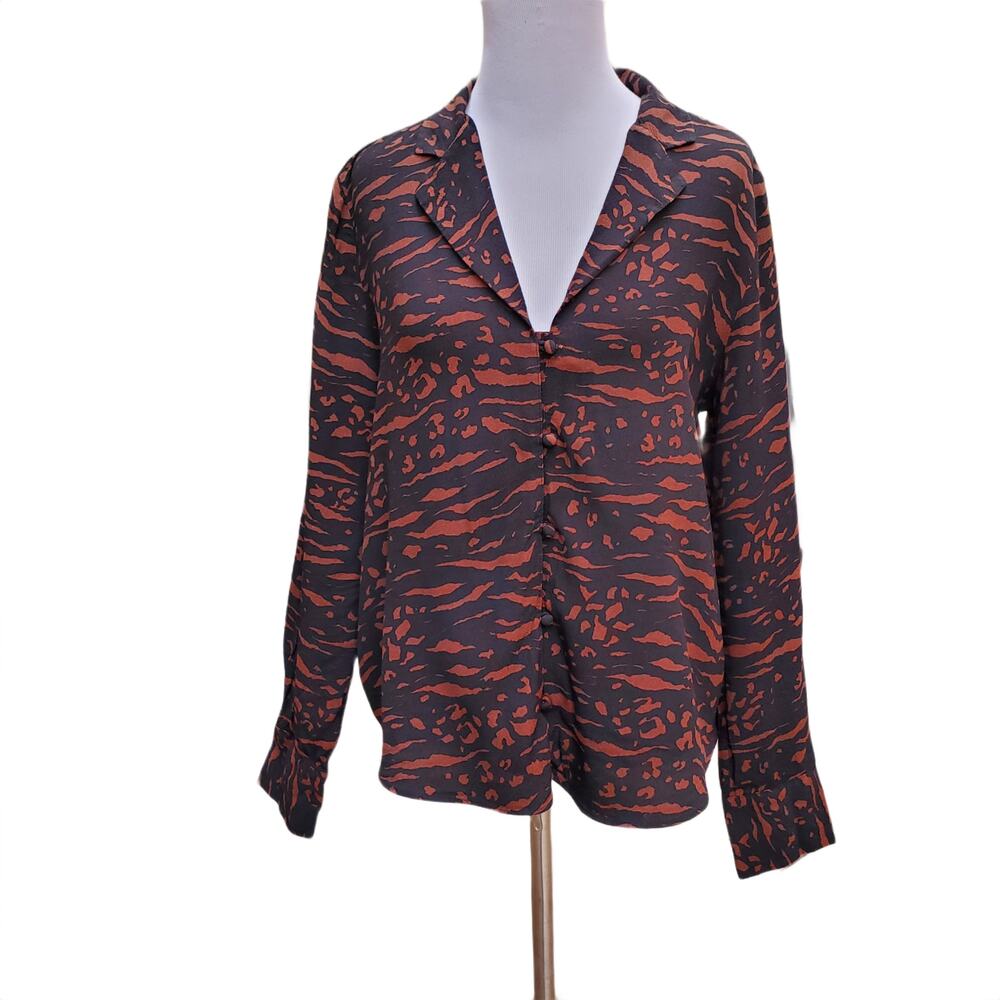 & Other Stories Black Brown Animal Print Button Down Blouse Top Size 6